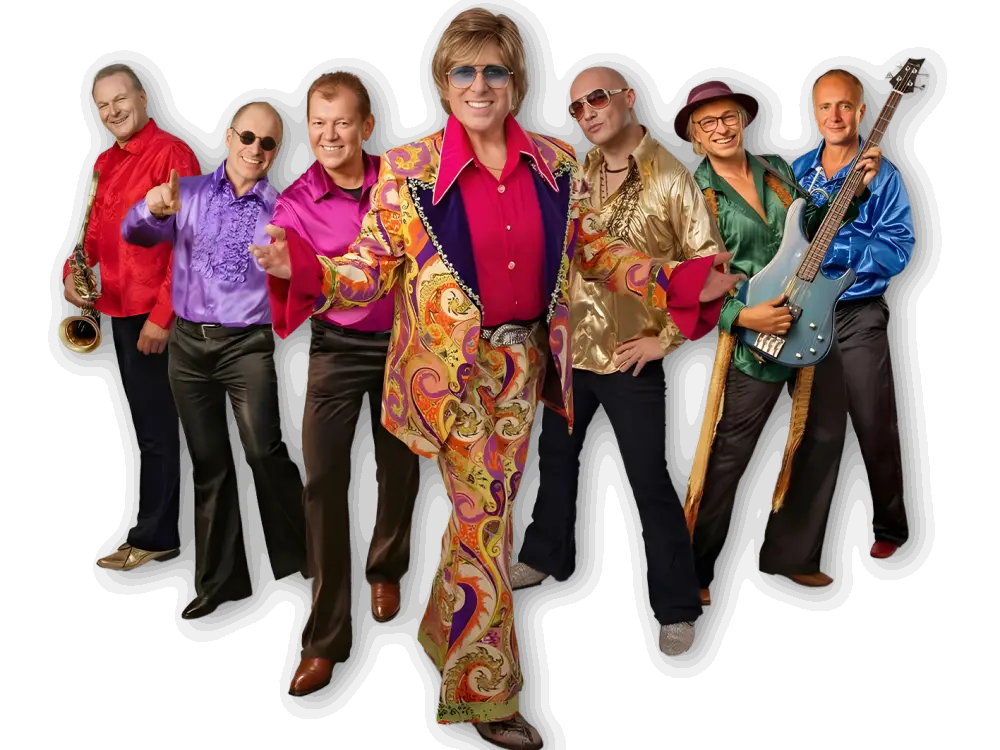 Gruppenfoto der Band „Fredy und die Schlaghosen“ in farbenfroher 70er-Jahre-Kleidung mit Schlaghosen und Musikinstrumenten.